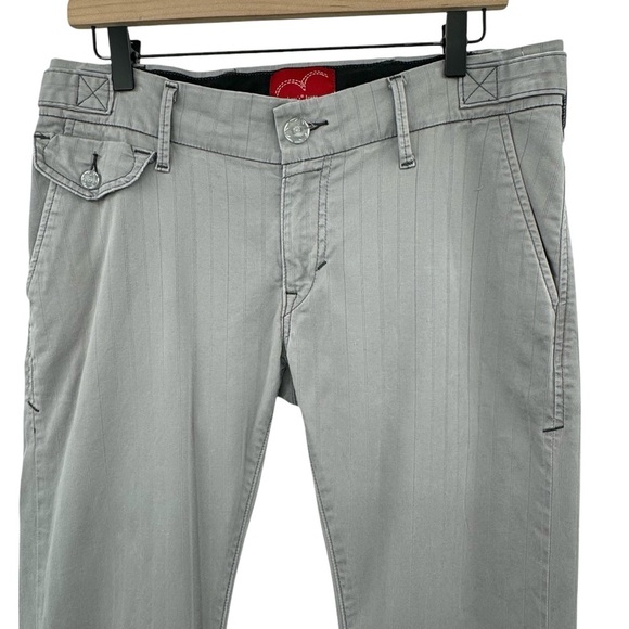 Vintage 2000s Levi's RARE Low Rise Flare Leg Pants Gray Pinstripe Stretchy | 10 - Picture 5 of 13